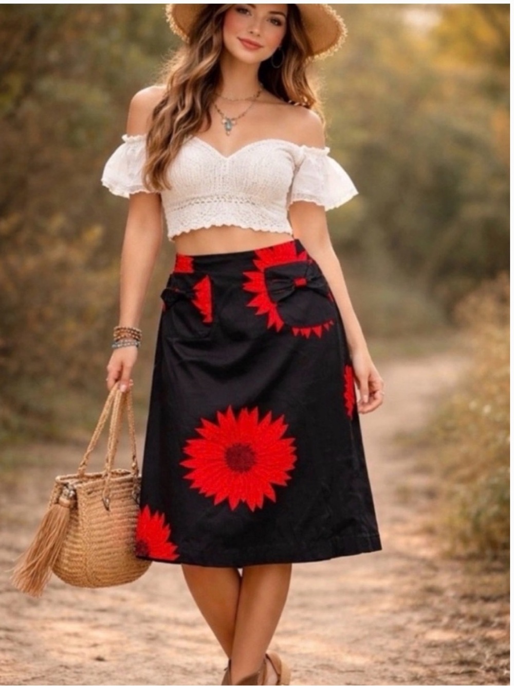 Grace Dane Lewis Black A-Line Skirt with Red Floral Sunburst Print Size 8 New